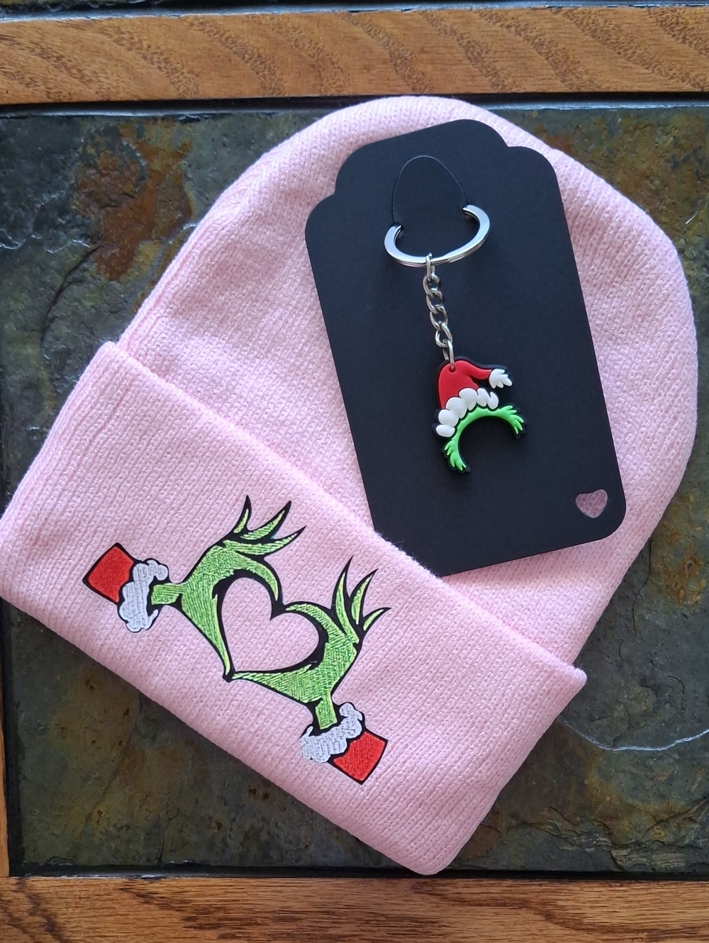 Pink Grinch Heart Design Beanie & Keychain/Bag Charm